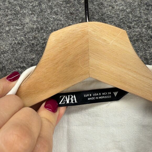 Zara Cropped Shirt Women S Small Beige Button Up Collared Short Sleeve Linen - Picture 3 of 7